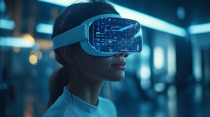 Poster - A person immerses themselves in a virtual world while wearing advanced VR glasses in a modern, illuminated setting.
