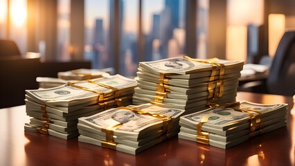 A pile of money is on a table in front of a window