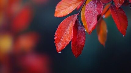 Wall Mural -  A tight shot of a tree displaying scarlet leaves and raindrops adorning them, surrounded by an indistinct backdrop