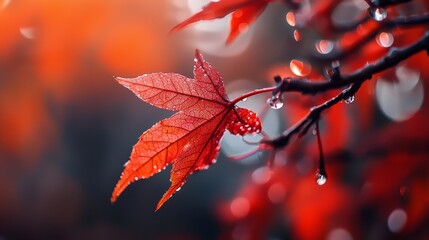 Wall Mural -  A tight shot of a tree branch's leaf, dotted with water droplets, against a softly blurred backdrop