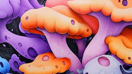 Canvas Print -  A painting of a mushroom cluster with orange and purple hues atop and beneath