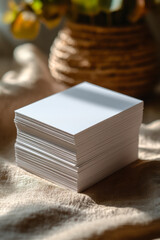 Aufkleber - A stack of business cards on a pastel beige background, representing networking and business connections,