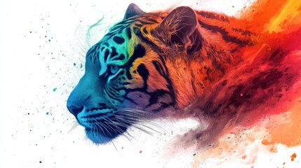 Wall Mural -  A tight shot of a tiger's face adorned with multihued paint splatters