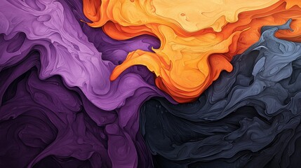 Wall Mural - Oranges, purples, and yellows in swirling forms against black and purple backdrop; White dot at image's bottom