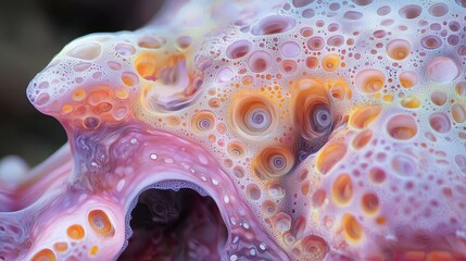 Wall Mural -  A tight shot of a pink-yellow object, teeming with multiple bubbles, against a pitch-black backdrop