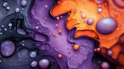 Wall Mural -  A tight shot of an orange and purple liquid painting with orb-like bubbles, predominantly orange, scattered against a dark backdrop of black and purple