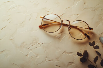 Aufkleber - A pair of reading glasses resting on a contract, isolated on a pastel cream background, representing attention to detail,