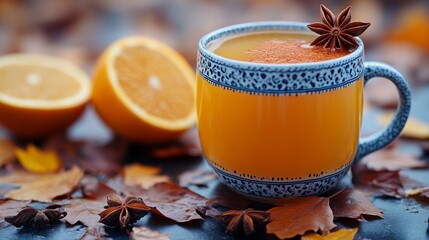 Close-up of spiced cider mug surrounded by autumn leaves and oranges