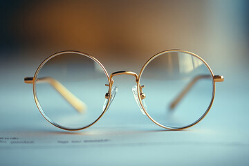 Poster - A pair of reading glasses resting on a contract, isolated on a pastel cream background, representing attention to detail,