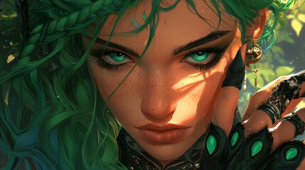 Poster -  A women with green hair and green eyes closely holds a cell phone to her ear, gazing into the camera