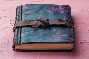 Aufkleber - A leather-bound notebook isolated on a pastel pink background, symbolizing note-taking and planning in meetings,