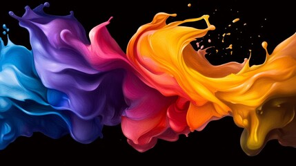 Wall Mural -  Multicolored liquids pouring into each other against a black backdrop, bottom layer splashed with a vibrant hue