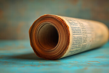 Aufkleber - A rolled-up newspaper with a business section highlighted, isolated on a pastel cream background, symbolizing staying informed,