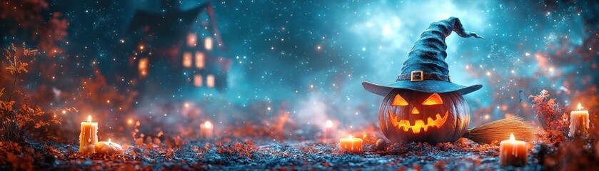 Wall Mural - A Halloween scene with a pumpkin lantern and candles