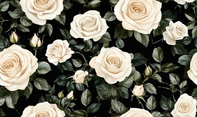 Wall Mural - A black and white floral pattern with white roses