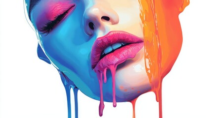 Canvas Print -  A woman's face depicted in pink and blue paint, dripping down one side, extending to her cheek and lip