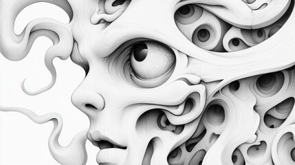 Wall Mural -  A monochrome portrait of a woman's face featuring a wavy design along one cheek