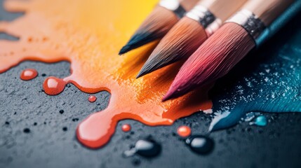 Poster -  A collection of paint brushes atop a table, nearby a puddle of orange, yellow, and blue hues