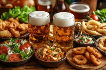 A table full of food and drinks, including two full glasses of beer