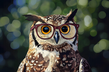 owl wearing glasses, cute owl, wearing glasses, big eyes, cartoon style, manga, comic style