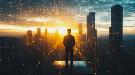 Abstract business man stands on the peak of success amid tall, innovative Smart city and graphs with statistics to analyze business potential and predict future developments in company growth.