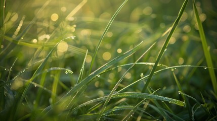 Canvas Print - Dewy Grass Blades in Morning Sunlight