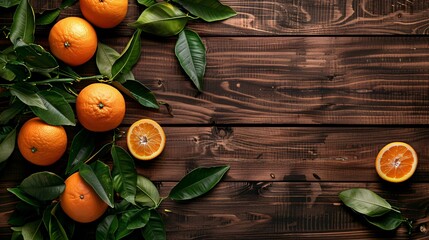 2. oranges and fresh green leaves arranged in the corner, on an aged brown wooden table, nature-insp