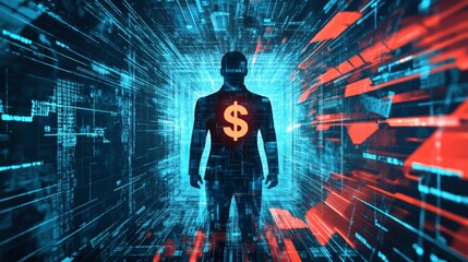 Poster - Digital Currency, Man in Suit with Dollar Symbol, Future of Finance, Data Network.