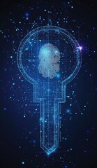 Poster - Digital security concept with blue background featuring a keyhole and fingerprint illustration surrounded by a network of glowing connections