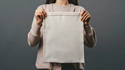 Woman is holding bag canvas fabric for mockup blank template. 