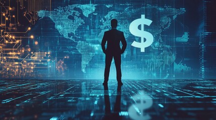 Poster - Businessman Standing with Dollar Sign In Front of World Map.