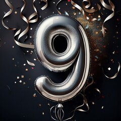 Silver birthday / anniversary balloon, number 9, black background with confetti