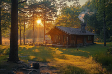 A family packing up their summer cabin, the last rays of sunlight filtering through the trees,