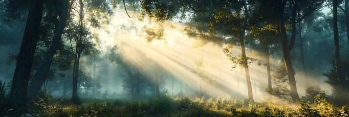 Canvas Print - Sunlight Beams Through Foggy Forest - 3D Illustration