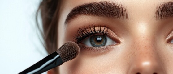 Wall Mural - Close-up of a woman's eye with a makeup brush.