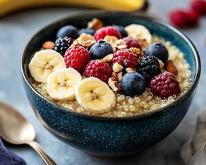 Delicious quinoa breakfast bowl with banana, blueberries, raspberries, blackberries, and nuts.