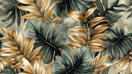 Wall Mural - A continuous pattern of ferns and delicate leaves, designed for seamless wallpaper with a vintage botanical flair, deep green tones, intricate details, hand-drawn vintage style, natural light,