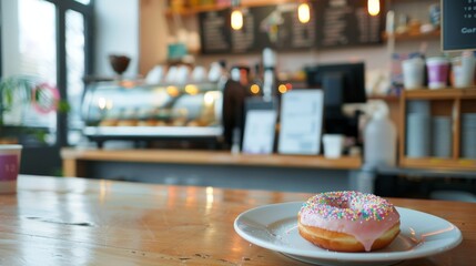 Pink Donut on a Wooden Table in a Cafe.