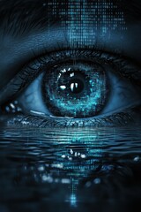 Poster - Digital eye with binary code reflecting on water surface, representing surveillance technology and futuristic vision in blue and black colors