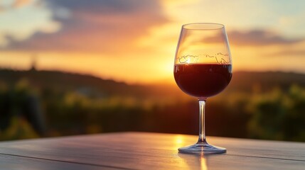 glass of wine of a table as the sun sets in the background on a warm summer night