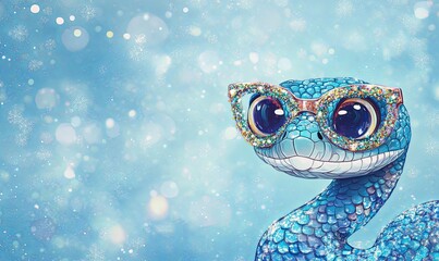 A blue snake with glasses is staring at the camera