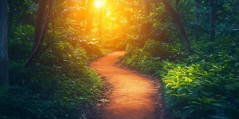 Wall Mural - Sunlit Path Through Lush Forest - Photo