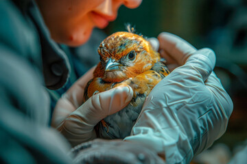 Person carefully holding a small bird with gloved hands, focusing on wildlife rescue and care