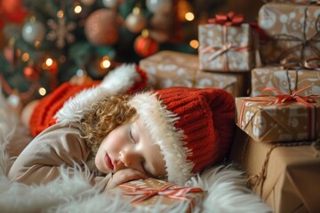 Wall Mural - Cozy bedding surrounds little boy his quiet slumber. Tender bedtime moments boy lies dreamy state. Nightly journey of youthful dreams woven serene sleep.