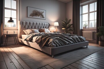 Modern bedroom interior design with gray walls, wooden floor, comfortable king size bed with two pillows. ai generative