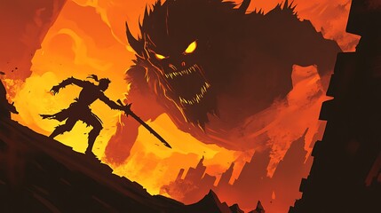 A lone warrior faces a monstrous shadow in a fiery landscape.