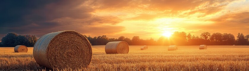 Wall Mural - Golden Sunset Over Hay Bales in a Wheat Field with Dramatic Sky and Sunlight