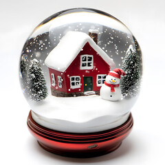 Sticker - Snow Globe with Red House and Snowman isolated on white background