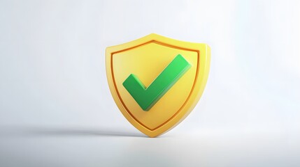 cartoon 3d Icon safety shield green check mark perspective . yellow symbol security safety icon. Green Checkmark in minimalistic style. 3d vector illustration. white background