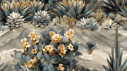 Seamless wallpaper design of desert flora, including detailed illustrations of cacti and agave, soft earth tones, vintage style, neutral boho background, hand-drawn, subtle texture, natural lighting,